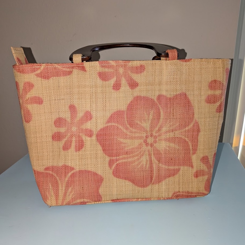 Ladies Woven Raffia Tropical Resort Straw Tote Bag - Blue Tropical